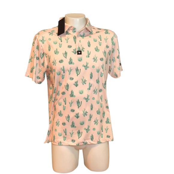 Men's Bad Birdie L Pink Cactus Print Polo Shirt - Picture 1 of 4